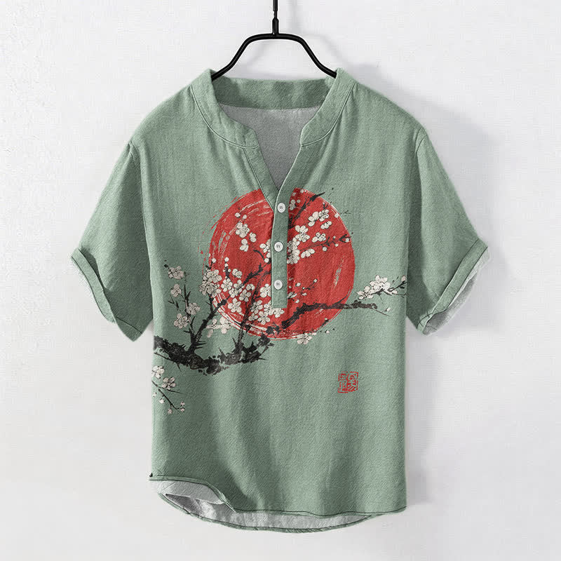Buddha Stones Camisa de manga corta con medio botón para hombre, con estampado de flores de ciruelo y sol, de Cotton Ink. - Verde mar oscuro - US/UK/AU50, EU60 (5XL) - image 7