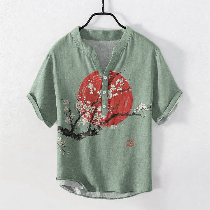 Buddha Stones Camisa de manga corta con medio botón para hombre, con estampado de flores de ciruelo y sol, de Cotton Ink. - Verde mar oscuro - US/UK/AU50, EU60 (5XL) - image 7