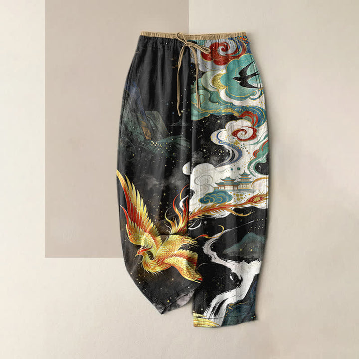 Buddha Stones Pantalones de mujer de algodón puro con elegante estampado de nubes de fénix y cintura elástica con bolsillos. - Negro - US16，UK/AU20，EU48 (3XL) - image 0
