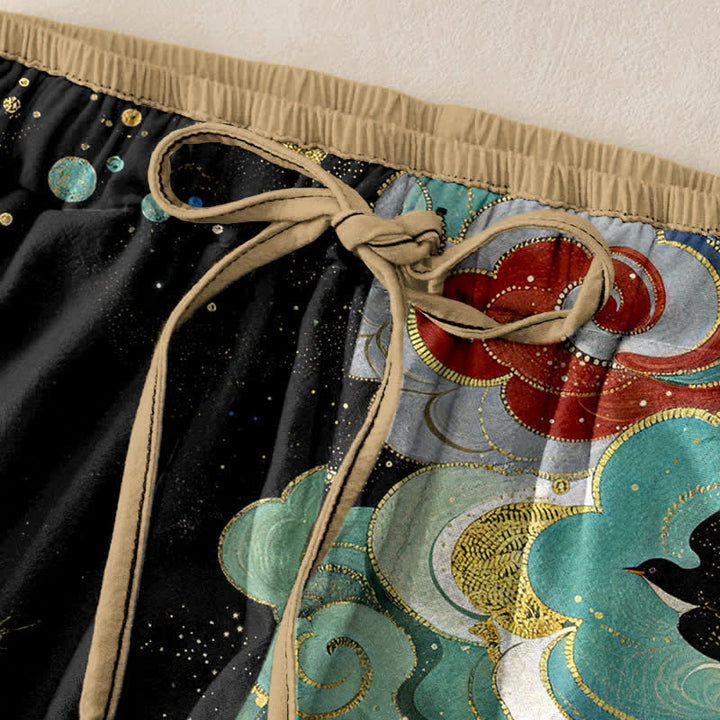 Buddha Stones Pantalones de mujer de algodón puro con elegante estampado de nubes de fénix y cintura elástica con bolsillos. - image 1