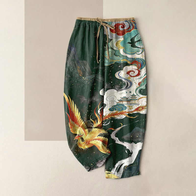 Buddha Stones Pantalones de mujer de algodón puro con elegante estampado de nubes de fénix y cintura elástica con bolsillos. - Verde oscuro - US16，UK/AU20，EU48 (3XL) - image 4