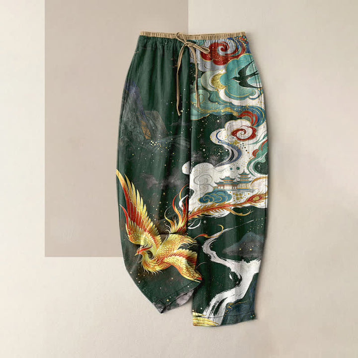 Buddha Stones Pantalones de mujer de algodón puro con elegante estampado de nubes de fénix y cintura elástica con bolsillos. - Verde oscuro - US16，UK/AU20，EU48 (3XL) - image 4