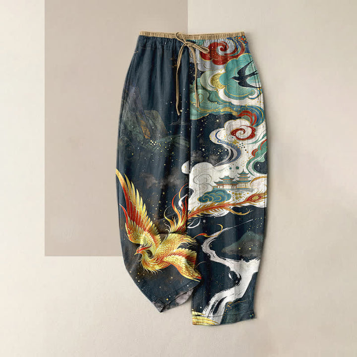 Buddha Stones Pantalones de mujer de algodón puro con elegante estampado de nubes de fénix y cintura elástica con bolsillos. - Azul medianoche - US16，UK/AU20，EU48 (3XL) - image 5