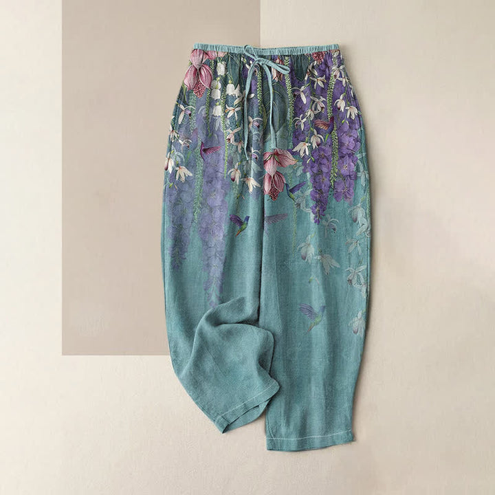 Buddha Stones Pantalones de mujer de algodón puro con estampado floral de pájaros, cintura elástica y bolsillos. - Turquesa - US16，UK/AU20，EU48 (3XL) - image 0