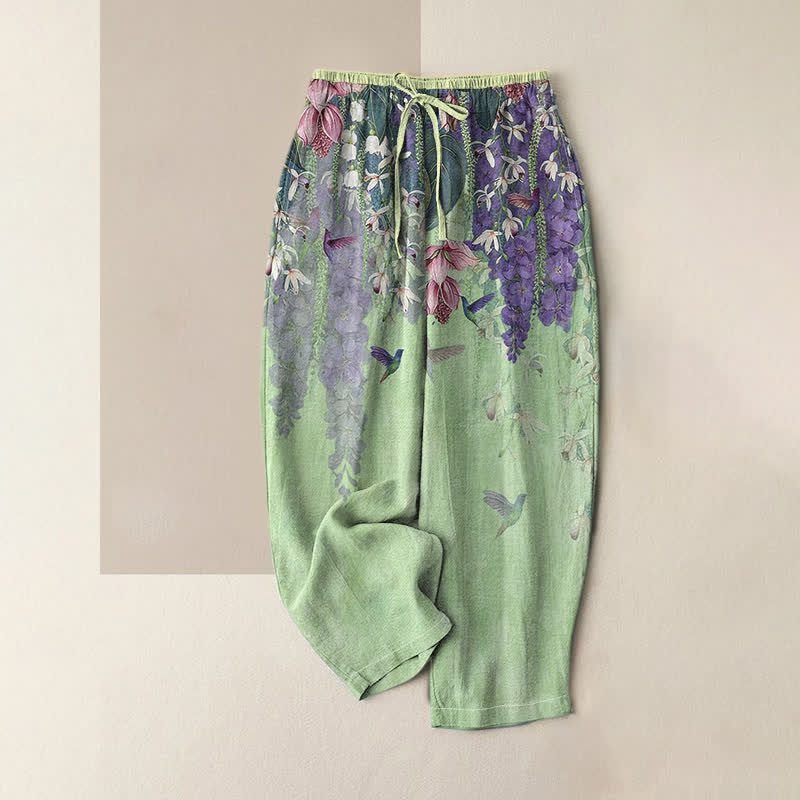 Buddha Stones Pantalones de mujer de algodón puro con estampado floral de pájaros, cintura elástica y bolsillos. - Verde claro - US16，UK/AU20，EU48 (3XL) - image 3