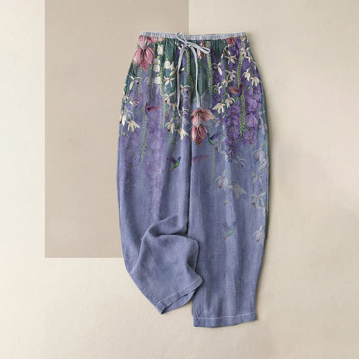 Buddha Stones Pantalones de mujer de algodón puro con estampado floral de pájaros, cintura elástica y bolsillos. - Morado medio - US16，UK/AU20，EU48 (3XL) - image 4