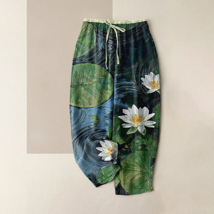 Buddha Stones Pantalones de mujer de algodón puro con estampado de estanque de lotos, cintura elástica y bolsillos. - Azul - US16，UK/AU20，EU48 (3XL) - image 0