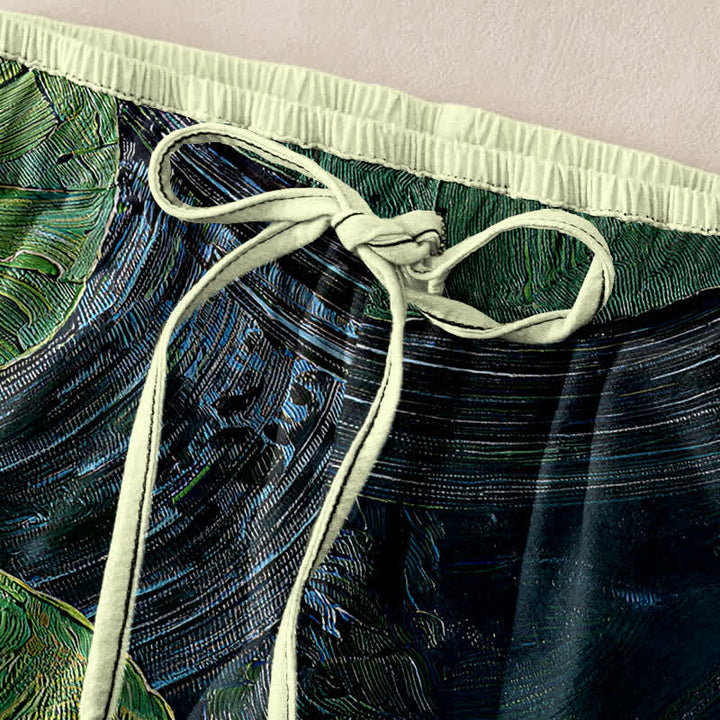 Buddha Stones Pantalones de mujer de algodón puro con estampado de estanque de lotos, cintura elástica y bolsillos. - image 1