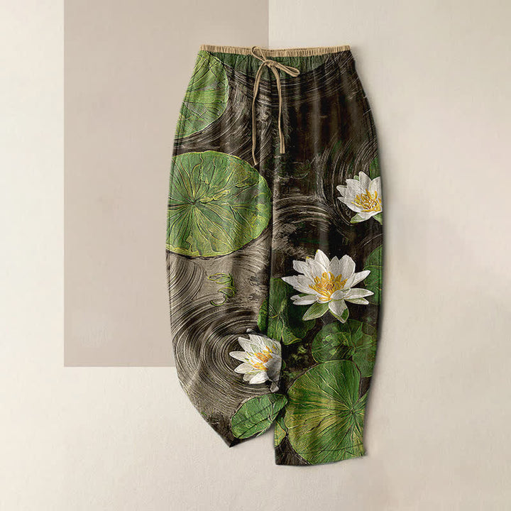 Buddha Stones Pantalones de mujer de algodón puro con estampado de estanque de lotos, cintura elástica y bolsillos. - Verde oliva oscuro - US16，UK/AU20，EU48 (3XL) - image 4