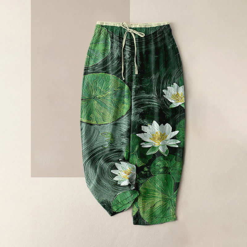 Buddha Stones Pantalones de mujer de algodón puro con estampado de estanque de lotos, cintura elástica y bolsillos. - Verde oscuro - US16，UK/AU20，EU48 (3XL) - image 5