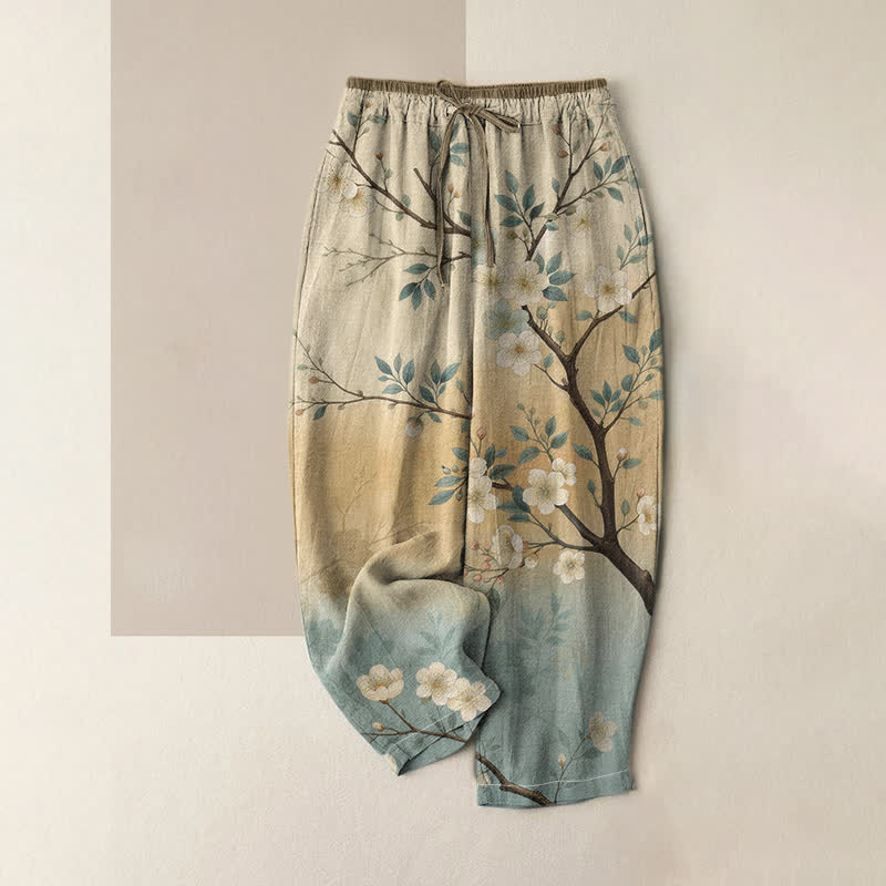 Buddha Stones Pantalones de mujer de algodón puro con estampado de ramas florales y cintura elástica, con bolsillos. - Beige - US16，UK/AU20，EU48 (3XL) - image 0