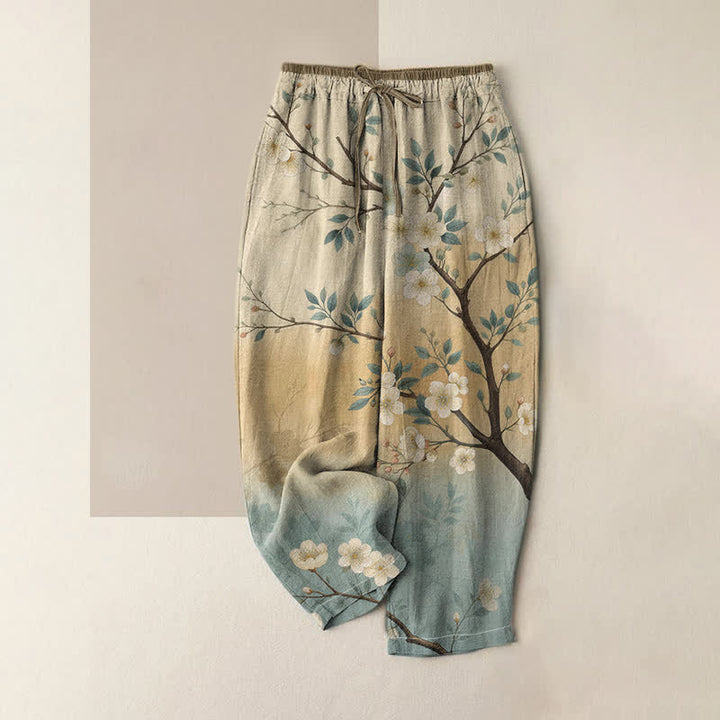Buddha Stones Pantalones de mujer de algodón puro con estampado de ramas florales y cintura elástica, con bolsillos. - Beige - US16，UK/AU20，EU48 (3XL) - image 0