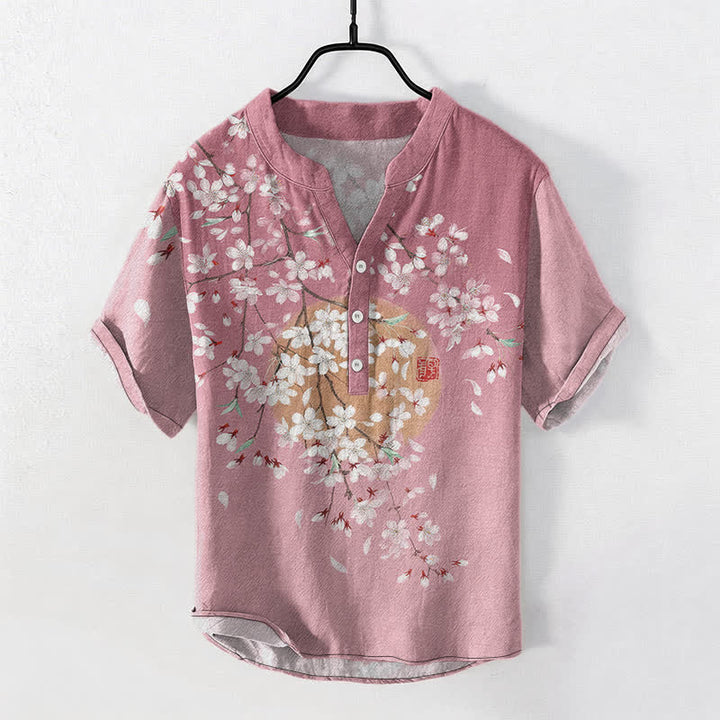 Buddha Stones Camisa de manga corta con medio botón para hombre, de algodón, con estampado de ramas de cerezo y sol. - Rojo violeta pálido - US/UK/AU50, EU60 (5XL) - image 0