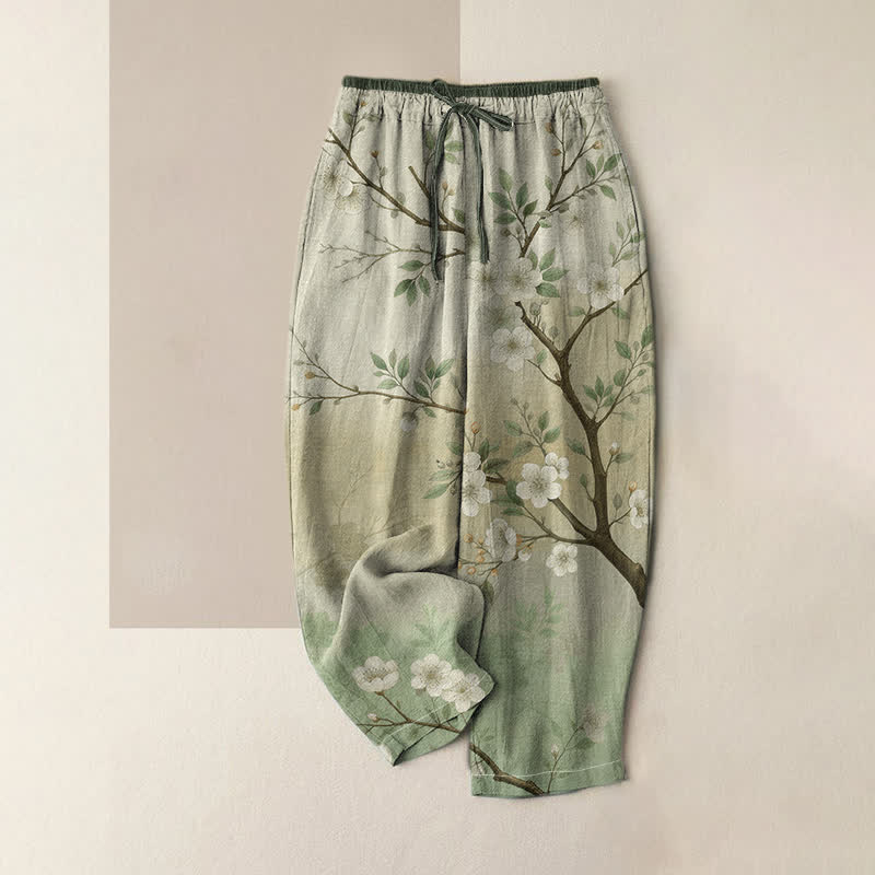 Buddha Stones Pantalones de mujer de algodón puro con estampado de ramas florales y cintura elástica, con bolsillos. - Verde pálido - US16，UK/AU20，EU48 (3XL) - image 3