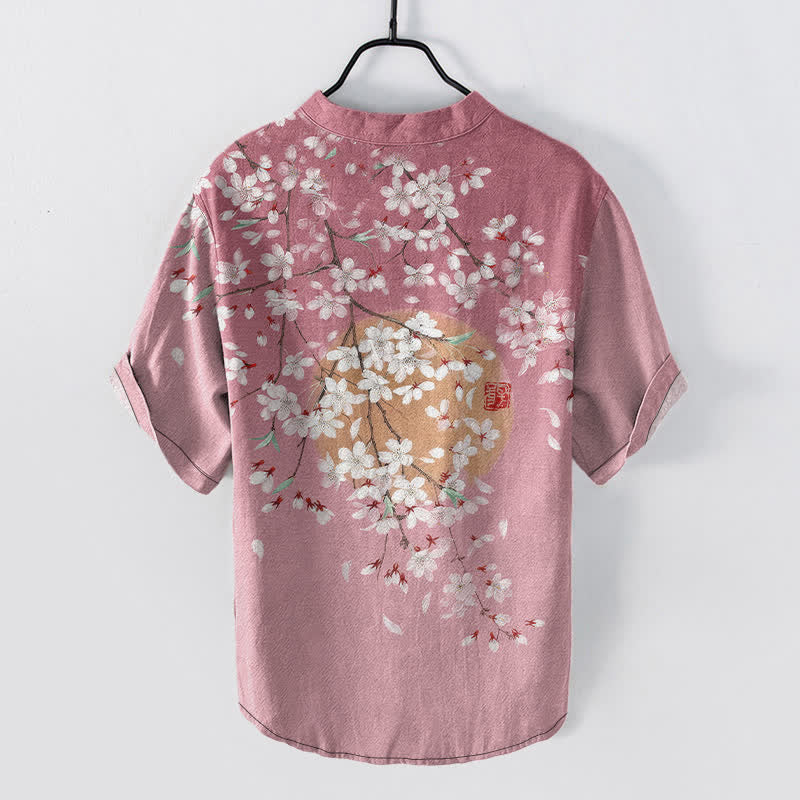 Buddha Stones Camisa de manga corta con medio botón para hombre, de algodón, con estampado de ramas de cerezo y sol. - image 1