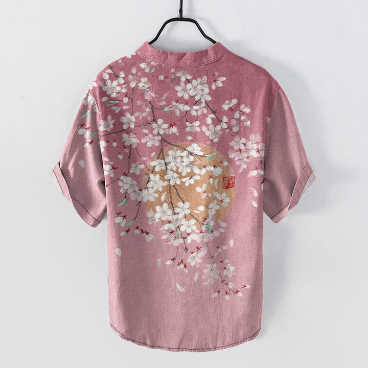 Buddha Stones Camisa de manga corta con medio botón para hombre, de algodón, con estampado de ramas de cerezo y sol. - image 1