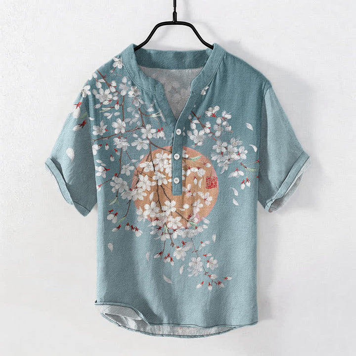 Buddha Stones Camisa de manga corta con medio botón para hombre, de algodón, con estampado de ramas de cerezo y sol. - Azul cadete - US/UK/AU50, EU60 (5XL) - image 5