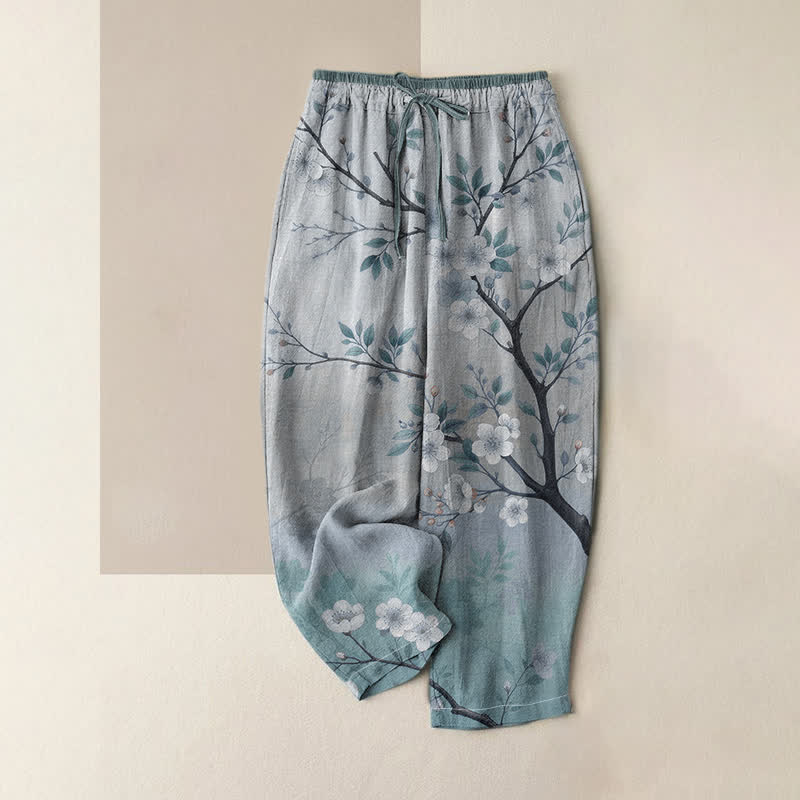 Buddha Stones Pantalones de mujer de algodón puro con estampado de ramas florales y cintura elástica, con bolsillos. - Azul cadete - US16，UK/AU20，EU48 (3XL) - image 4