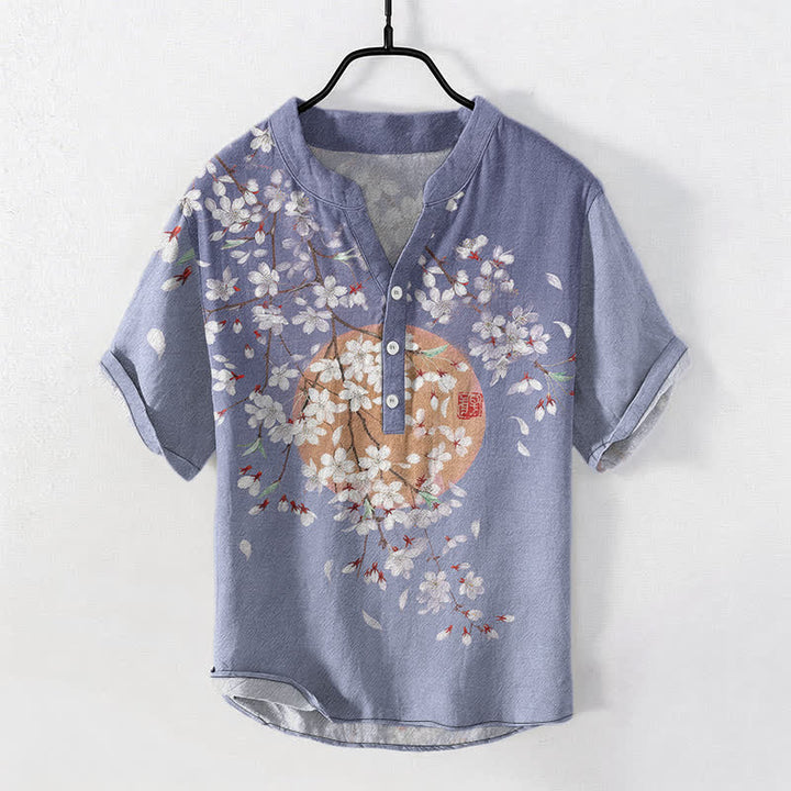 Buddha Stones Camisa de manga corta con medio botón para hombre, de algodón, con estampado de ramas de cerezo y sol. - Morado medio - US/UK/AU50, EU60 (5XL) - image 7