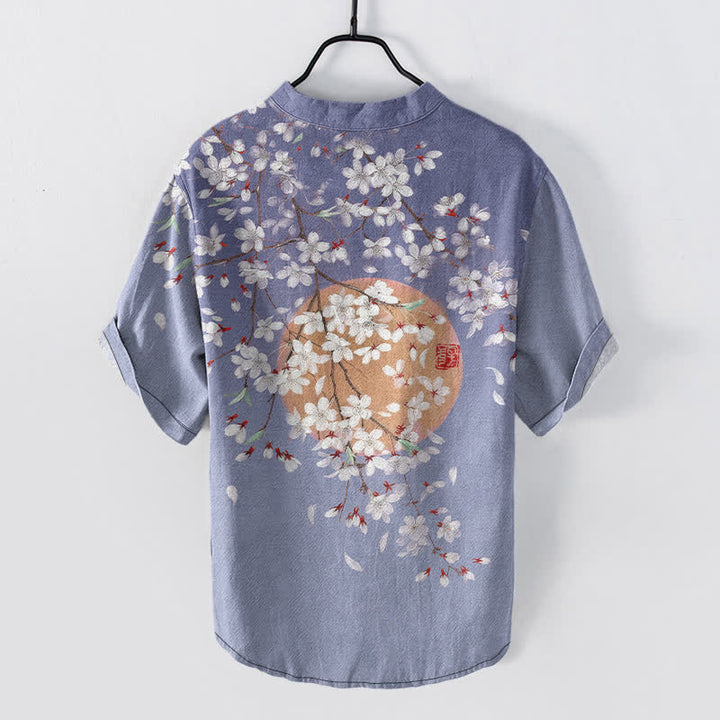 Buddha Stones Camisa de manga corta con medio botón para hombre, de algodón, con estampado de ramas de cerezo y sol. - image 8