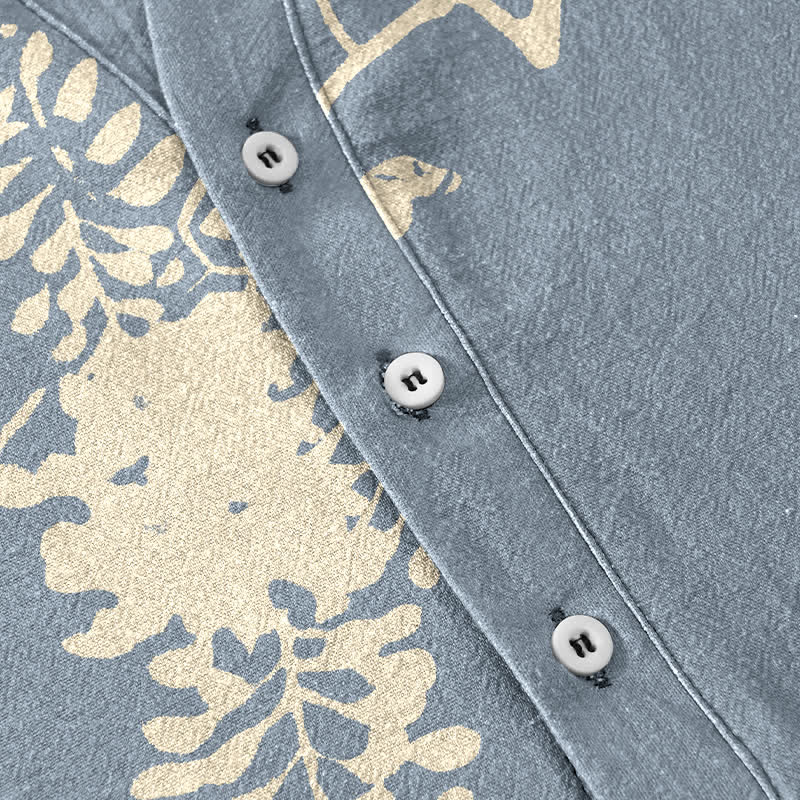 Buddha Stones Camisa de manga corta con medio botón para hombre, de algodón, con estampado floral de peces koi y enredaderas. - image 3