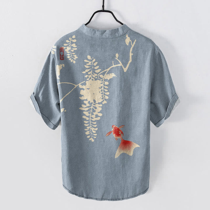 Buddha Stones Camisa de manga corta con medio botón para hombre, de algodón, con estampado floral de peces koi y enredaderas. - image 1