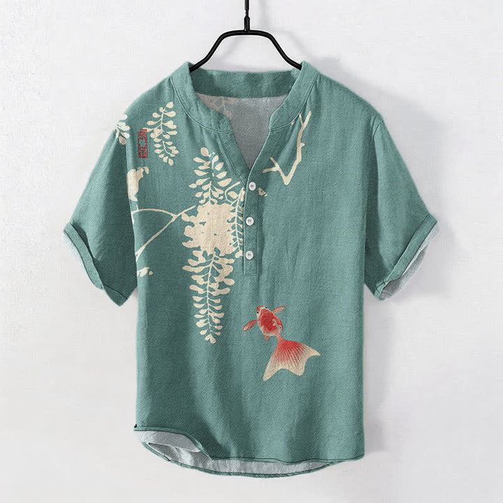 Buddha Stones Camisa de manga corta con medio botón para hombre, de algodón, con estampado floral de peces koi y enredaderas. - Aguamarina medio - US/UK/AU50, EU60 (5XL) - image 5