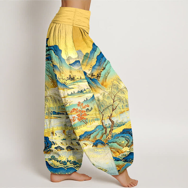 Buddha Stones Pantalones harem de algodón con estampado de paisaje oriental para mujer con cintura elástica. - image 1