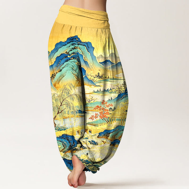 Buddha Stones Pantalones harem de algodón con estampado de paisaje oriental para mujer con cintura elástica. - image 2