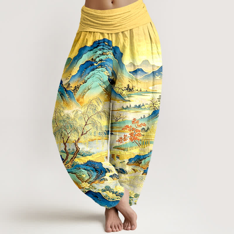 Buddha Stones Pantalones harem de algodón con estampado de paisaje oriental para mujer con cintura elástica. - Amarillo - US16，UK/AU20，EU48 (3XL) - image 0