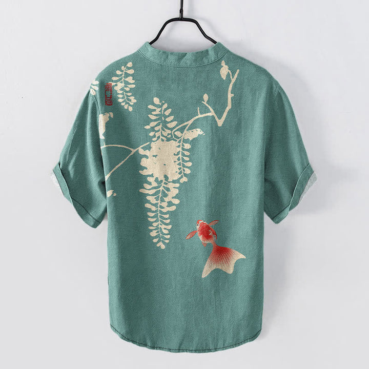 Buddha Stones Camisa de manga corta con medio botón para hombre, de algodón, con estampado floral de peces koi y enredaderas. - image 6