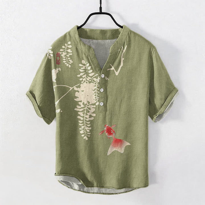 Buddha Stones Camisa de manga corta con medio botón para hombre, de algodón, con estampado floral de peces koi y enredaderas. - Verde oliva - US/UK/AU50, EU60 (5XL) - image 7