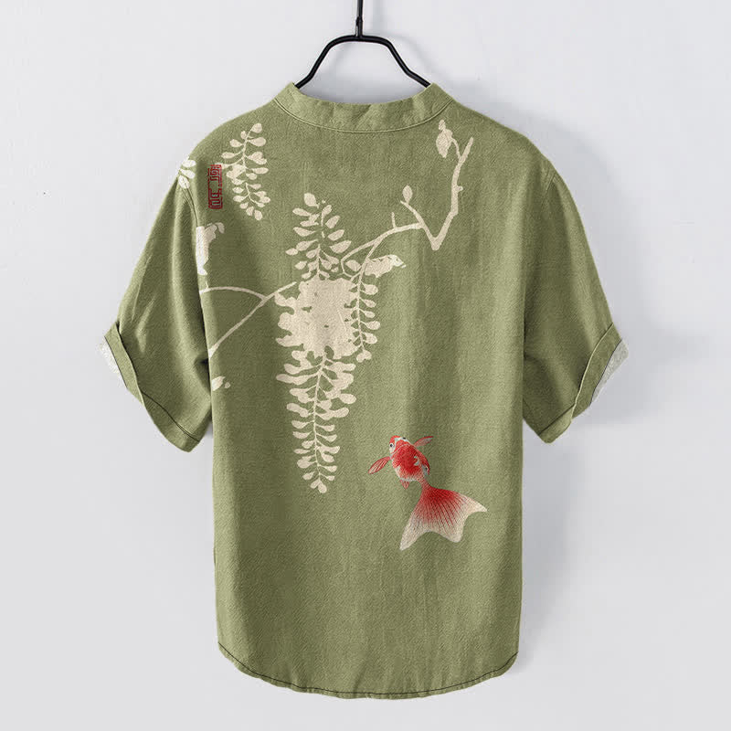 Buddha Stones Camisa de manga corta con medio botón para hombre, de algodón, con estampado floral de peces koi y enredaderas. - image 8