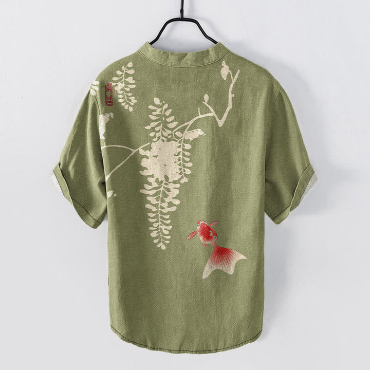 Buddha Stones Camisa de manga corta con medio botón para hombre, de algodón, con estampado floral de peces koi y enredaderas. - image 8