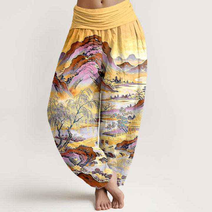 Buddha Stones Pantalones harem de algodón con estampado de paisaje oriental para mujer con cintura elástica. - Oro - US16，UK/AU20，EU48 (3XL) - image 5