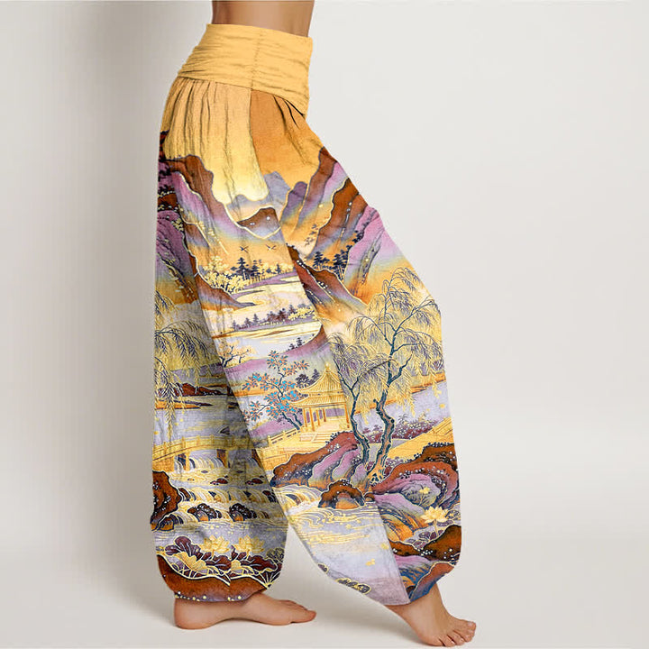 Buddha Stones Pantalones harem de algodón con estampado de paisaje oriental para mujer con cintura elástica. - image 6