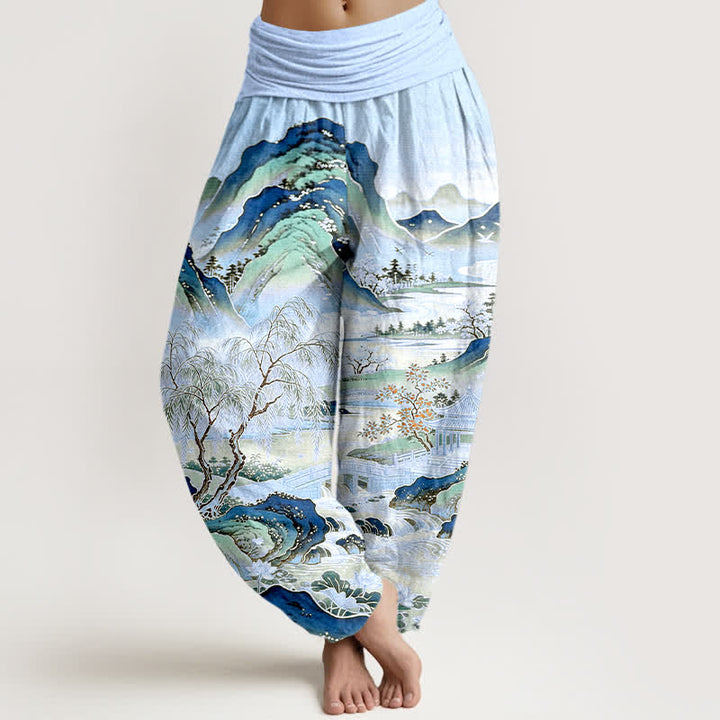 Buddha Stones Pantalones harem de algodón con estampado de paisaje oriental para mujer con cintura elástica. - Azul claro - US16，UK/AU20，EU48 (3XL) - image 8