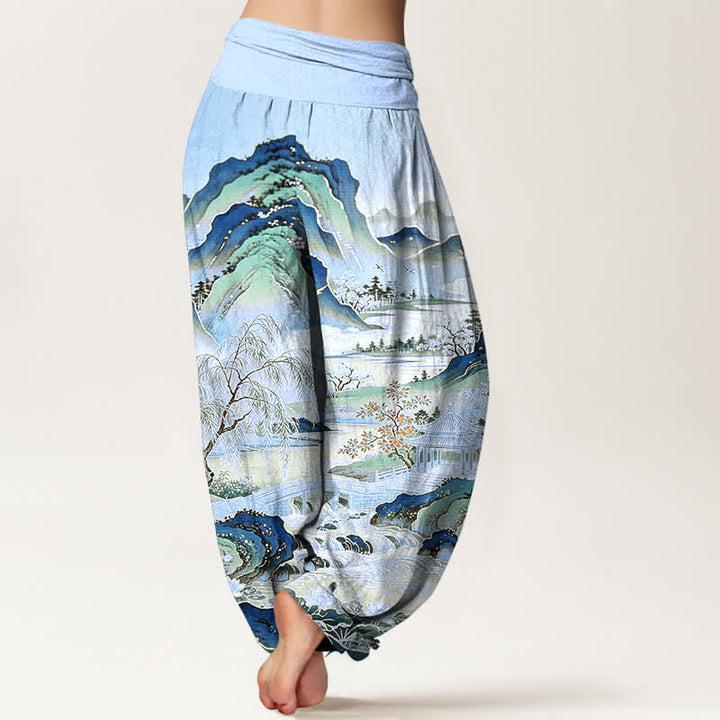 Buddha Stones Pantalones harem de algodón con estampado de paisaje oriental para mujer con cintura elástica. - image 10