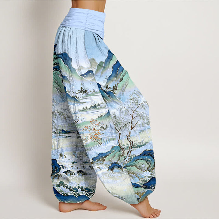 Buddha Stones Pantalones harem de algodón con estampado de paisaje oriental para mujer con cintura elástica. - image 9