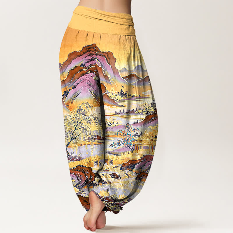 Buddha Stones Pantalones harem de algodón con estampado de paisaje oriental para mujer con cintura elástica. - image 7