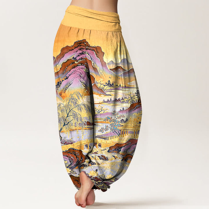 Buddha Stones Pantalones harem de algodón con estampado de paisaje oriental para mujer con cintura elástica. - image 7