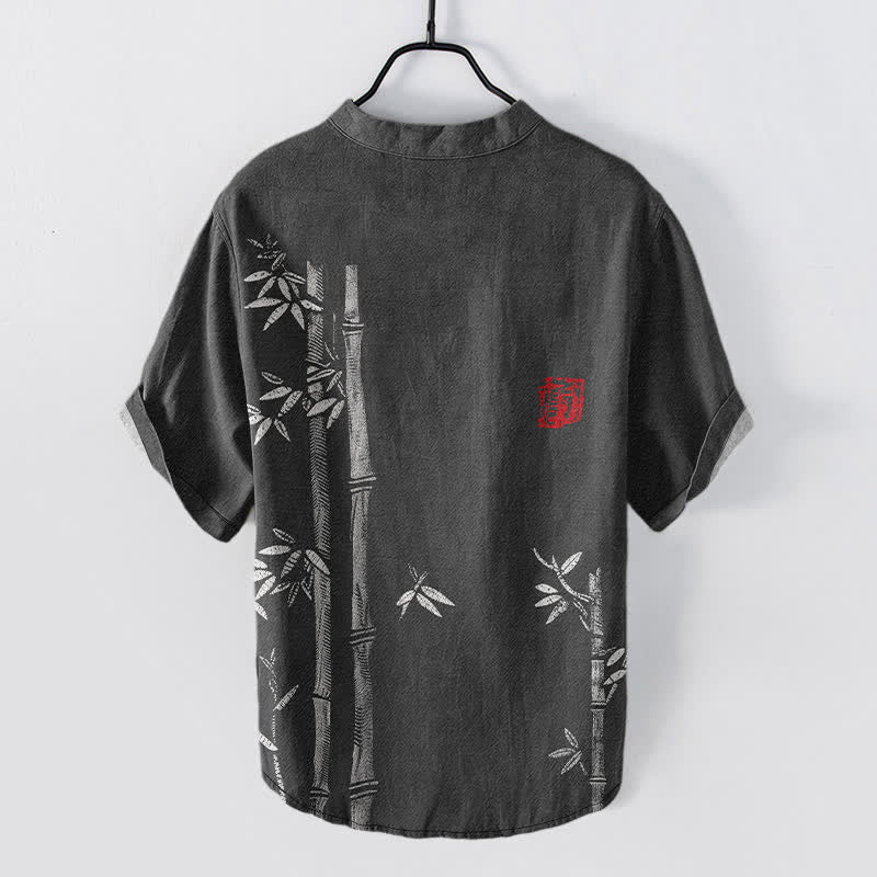 Buddha Stones Camisa de manga corta con medio botón para hombre, con estampado de bambú y tinta de algodón. - image 1