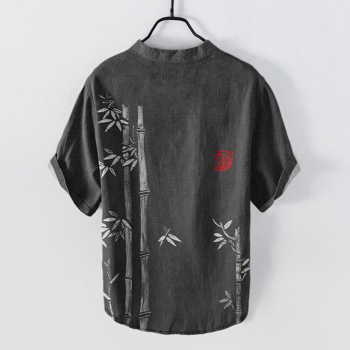 Buddha Stones Camisa de manga corta con medio botón para hombre, con estampado de bambú y tinta de algodón. - image 1