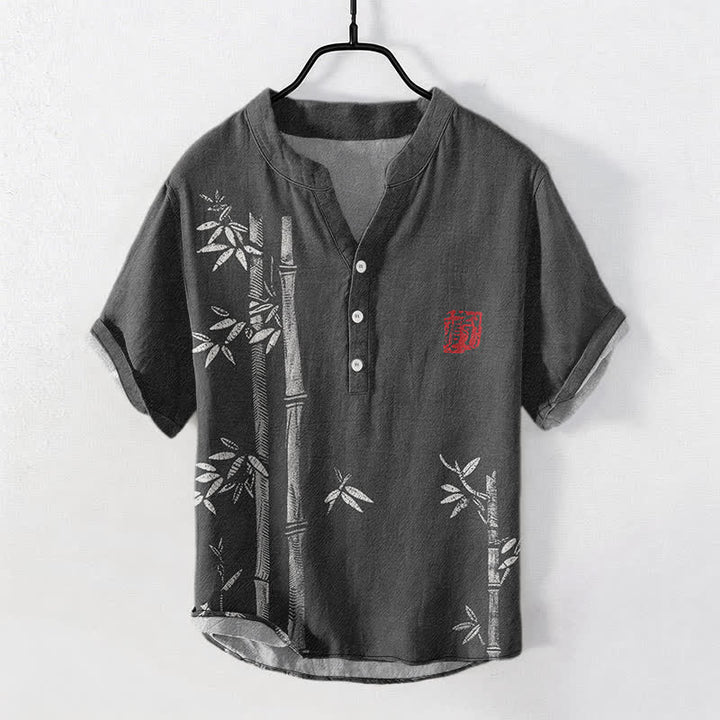 Buddha Stones Camisa de manga corta con medio botón para hombre, con estampado de bambú y tinta de algodón. - Negro - US/UK/AU50, EU60 (5XL) - image 0