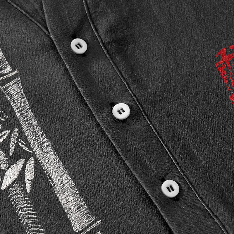 Buddha Stones Camisa de manga corta con medio botón para hombre, con estampado de bambú y tinta de algodón. - image 3