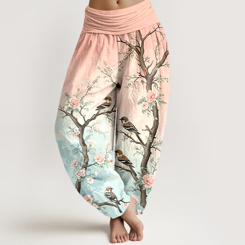 Buddha Stones Pantalones harem de algodón con estampado de flores orientales, pájaros y ramas para mujer, con cintura elástica. - rosa claro - US16，UK/AU20，EU48 (3XL) - image 0