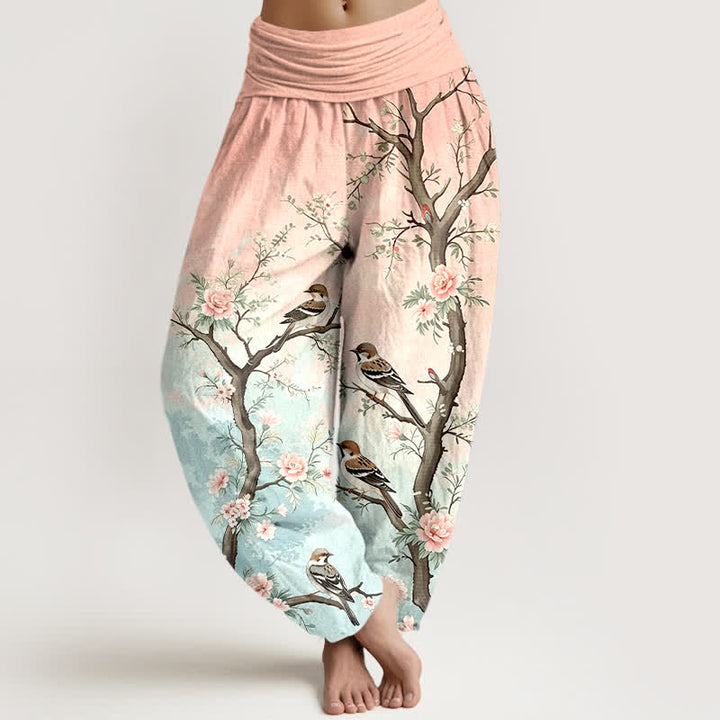Buddha Stones Pantalones harem de algodón con estampado de flores orientales, pájaros y ramas para mujer, con cintura elástica. - rosa claro - US16，UK/AU20，EU48 (3XL) - image 0
