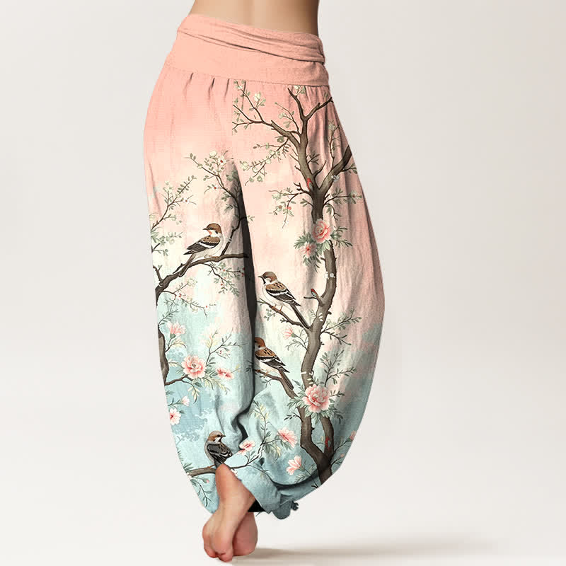 Buddha Stones Pantalones harem de algodón con estampado de flores orientales, pájaros y ramas para mujer, con cintura elástica. - image 2