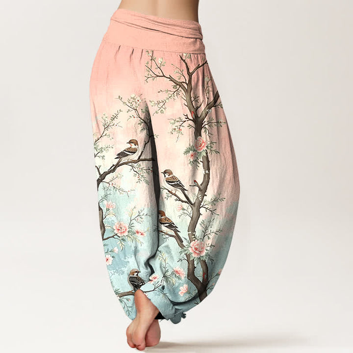 Buddha Stones Pantalones harem de algodón con estampado de flores orientales, pájaros y ramas para mujer, con cintura elástica. - image 2