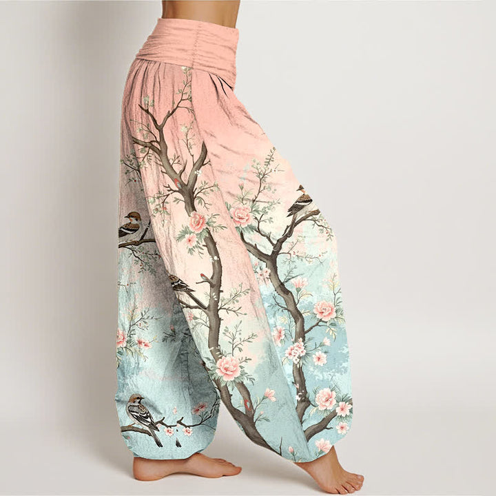 Buddha Stones Pantalones harem de algodón con estampado de flores orientales, pájaros y ramas para mujer, con cintura elástica. - image 1